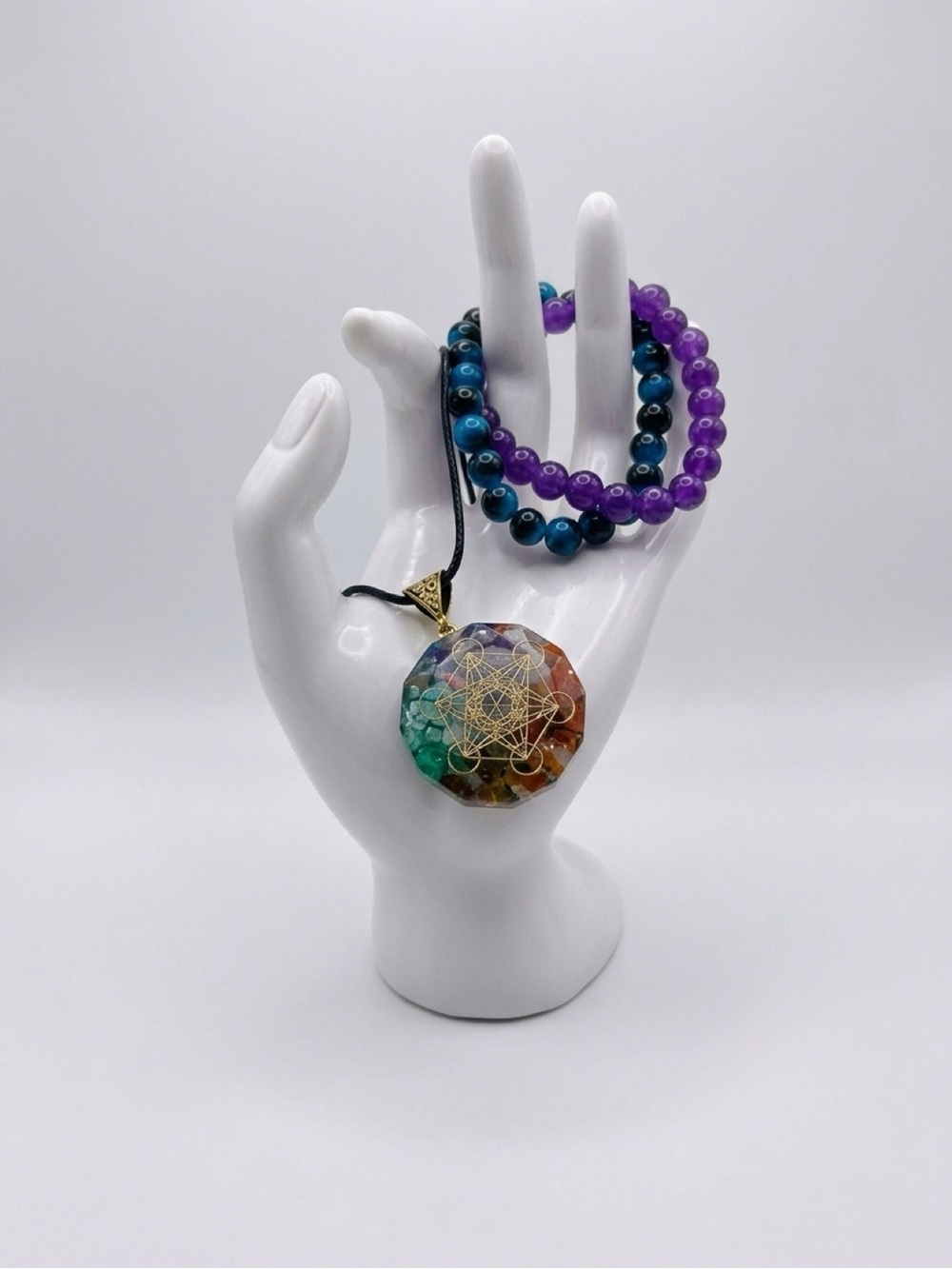 Multicolor Chakra Orgone Pendant Necklace with Purple & Blue Bead Bracelets